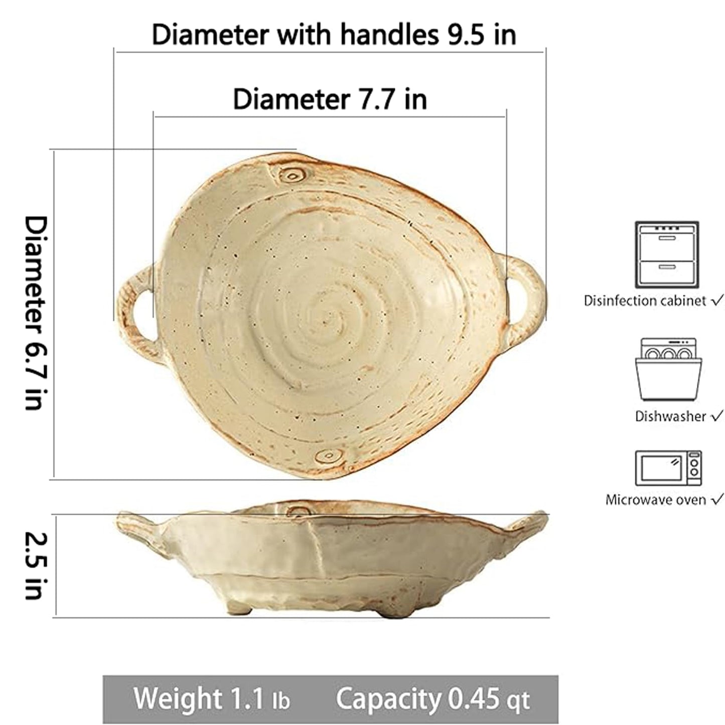 Amitofo Free-Form Edge Small Ceramic Bowl with Handles, Retro Distressed Style Glazed for Fruit Bowl,Salad Bowl,Table Centerpiece Decor