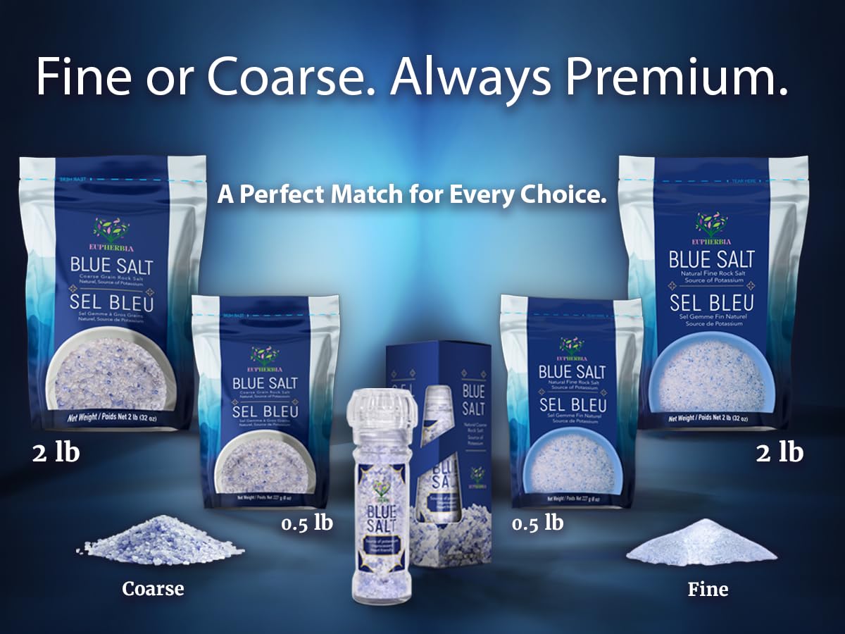 EUPHERBIA Blue Salt, Coarse, Rare Mineral Salt, High Potassium, Lower Sodium, Natural, Unprocessed, Hand Harvested, Kosher Certified (100g with Grinder)