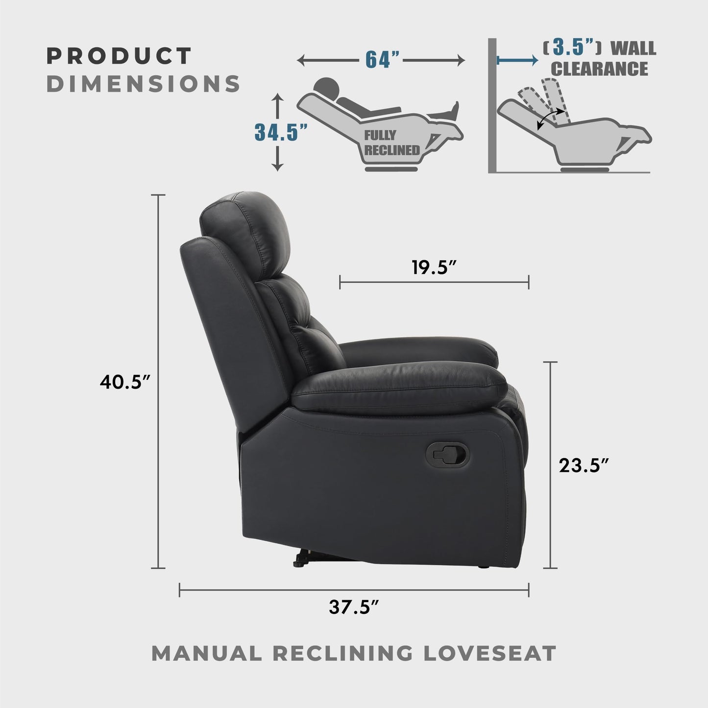Lexicon 64" W Manual Reclining Loveseat, Top Grain Leather Match Reclining Love Seat, Home Theater Seating, Wall Hugger Recliner Couch, Manual Double Recliner RV Couch for Living Room, Black