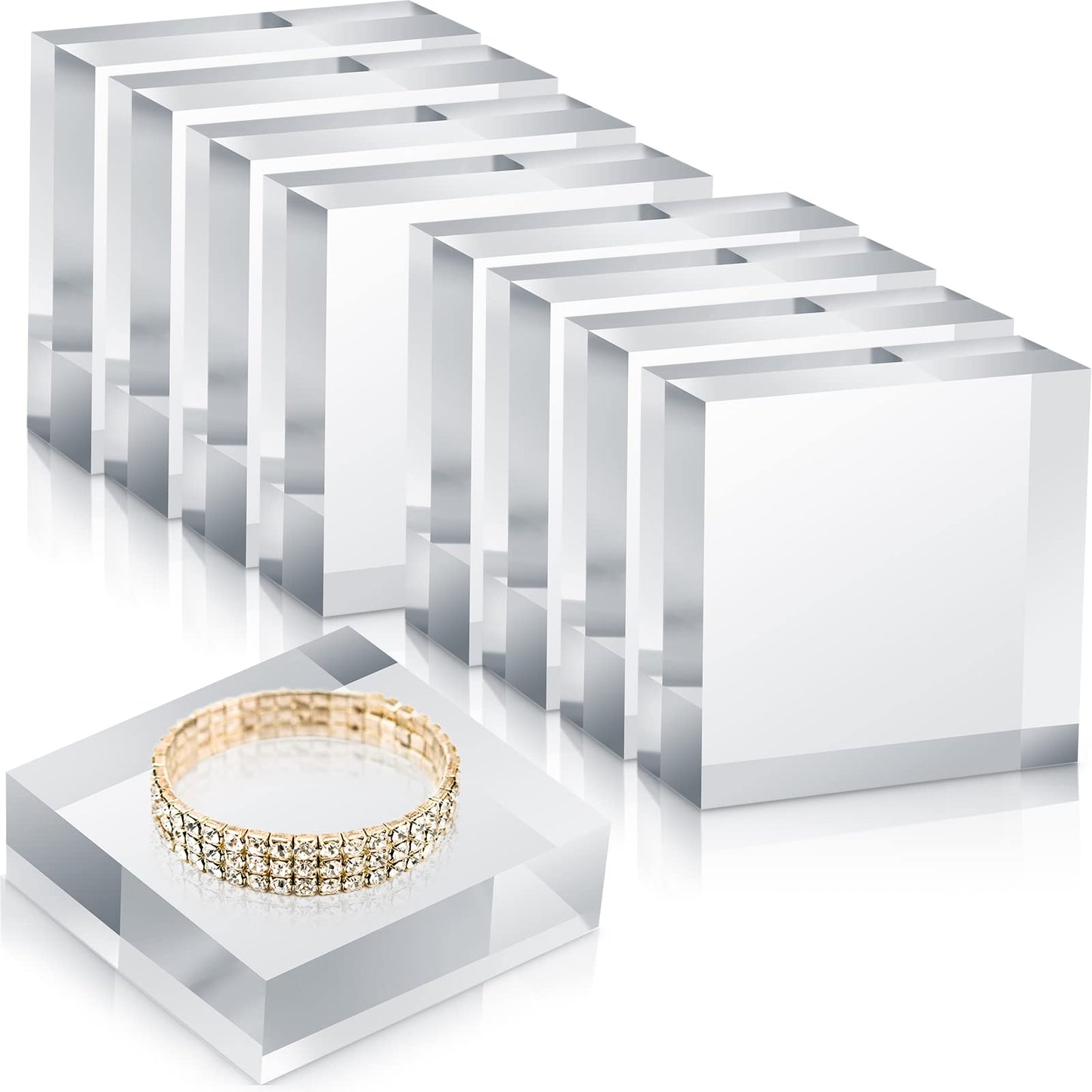 Vicenpal 8 Pcs Acrylic Square Display Block Clear Polished Cube Jewelry Stand Solid Acrylic Pedestal Stand Crystal Ring Showcase Holder Display Base for Riser(3 x 3 x 1 Inch)