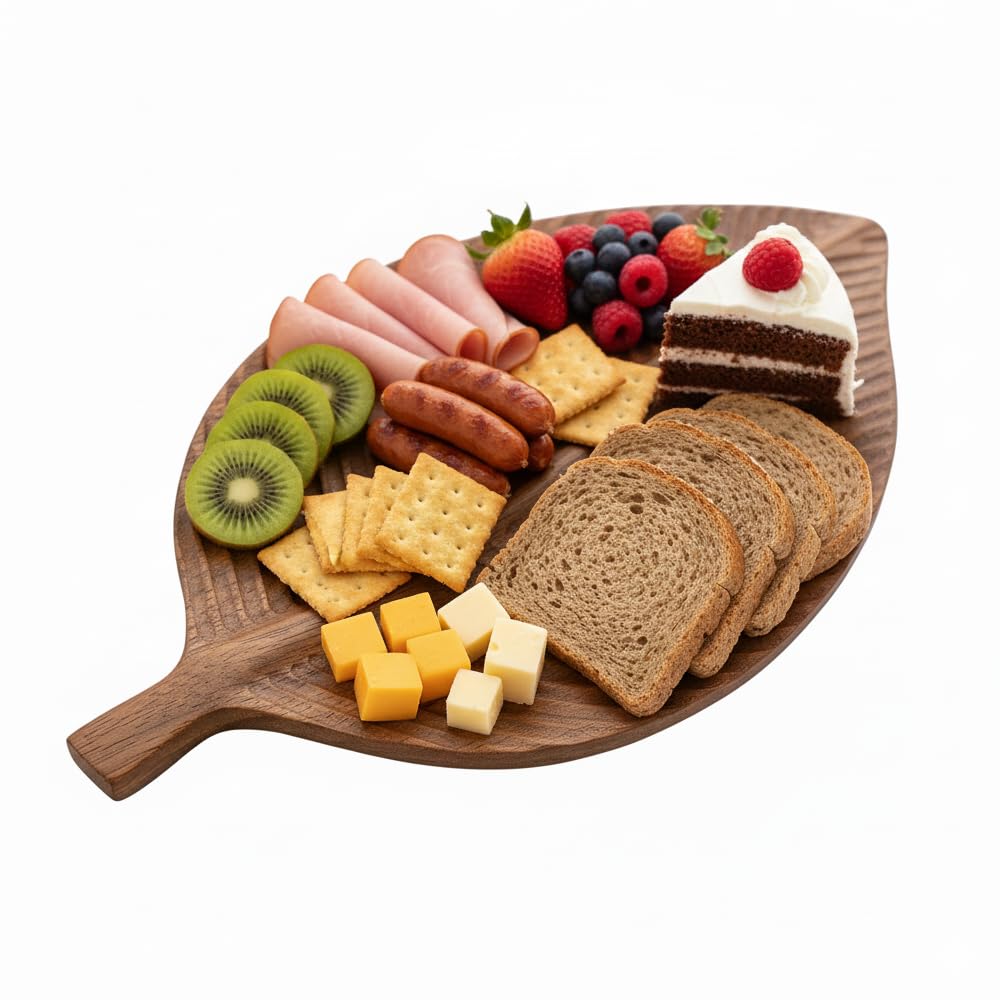 MIGAKU HOME Acacia Wood Leaf Design Serving Tray - Decorative Wooden Platter for Charcuterie, Cheese, Fruit, Kitchen Table Decor