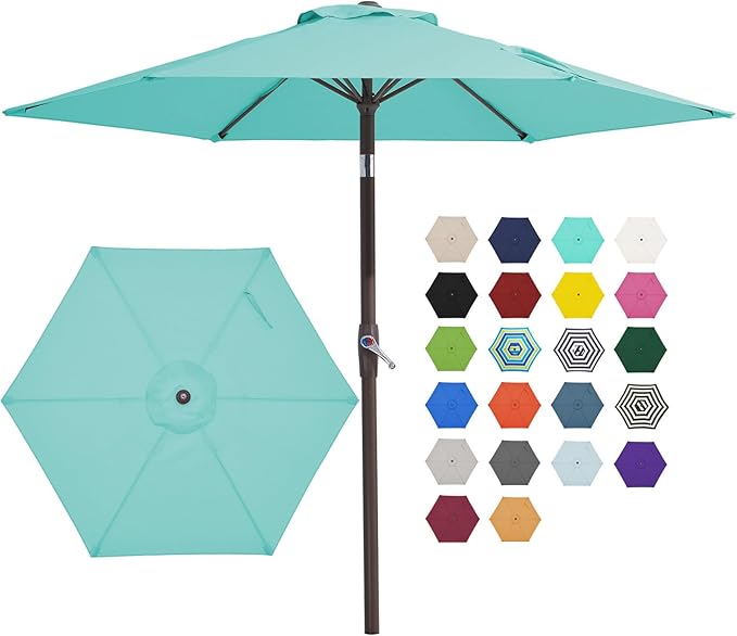 JEAREY 7.5FT Patio Umbrella Market Table Umbrella with 6 Sturdy Ribs, Push Button Tilt/Crank Outdoor Umbrella for Garden, Deck, Backyard, Pool and Beach,Teal Blue