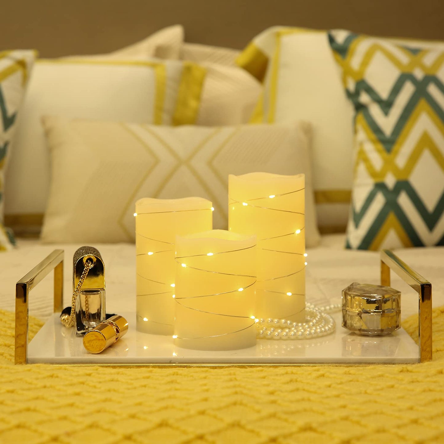 H-BLOSSOM Flickering Flameless Candles Ivory Real Wax Pillar with Embedded String Lights LED Candles Battery Operated with Cycling 5H Timer Set of 3 (3" x 4"/5"/6") (Ivory)