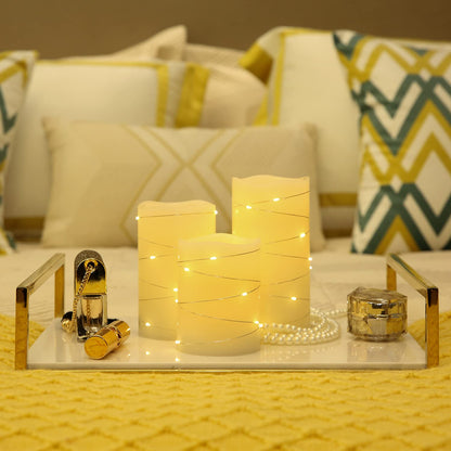 H-BLOSSOM Flickering Flameless Candles Ivory Real Wax Pillar with Embedded String Lights LED Candles Battery Operated with Cycling 5H Timer Set of 3 (3" x 4"/5"/6") (Ivory)