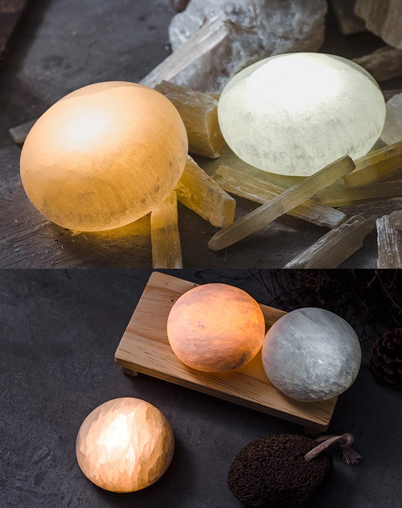 MIYA LIFE Selenite Lamp Hand Carved Stone Lamp Rechargeable Taplights Selenite Crystal Light with Dimmer (White/Warm/Yellow) for Bedroom Healing Natural Crystal Light (1 Piece, Round Taplight)
