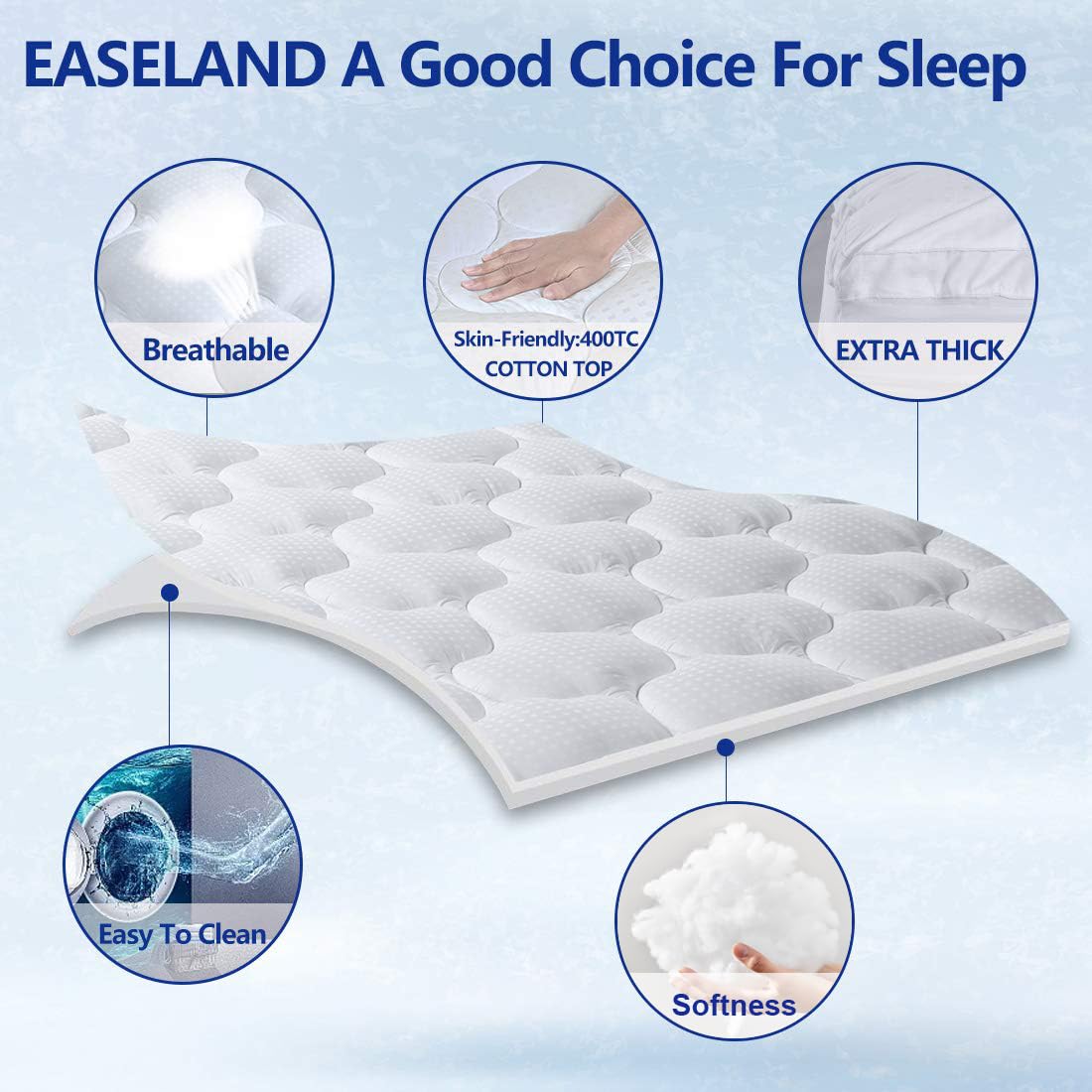 EASELAND Twin XL Mattress Topper Pillow Top Mattress Cover Quilted Fitted Mattress Protector Cotton Top 8-21" Deep Pocket Extra Thick Mattress Pad (39x80 Inches, White)