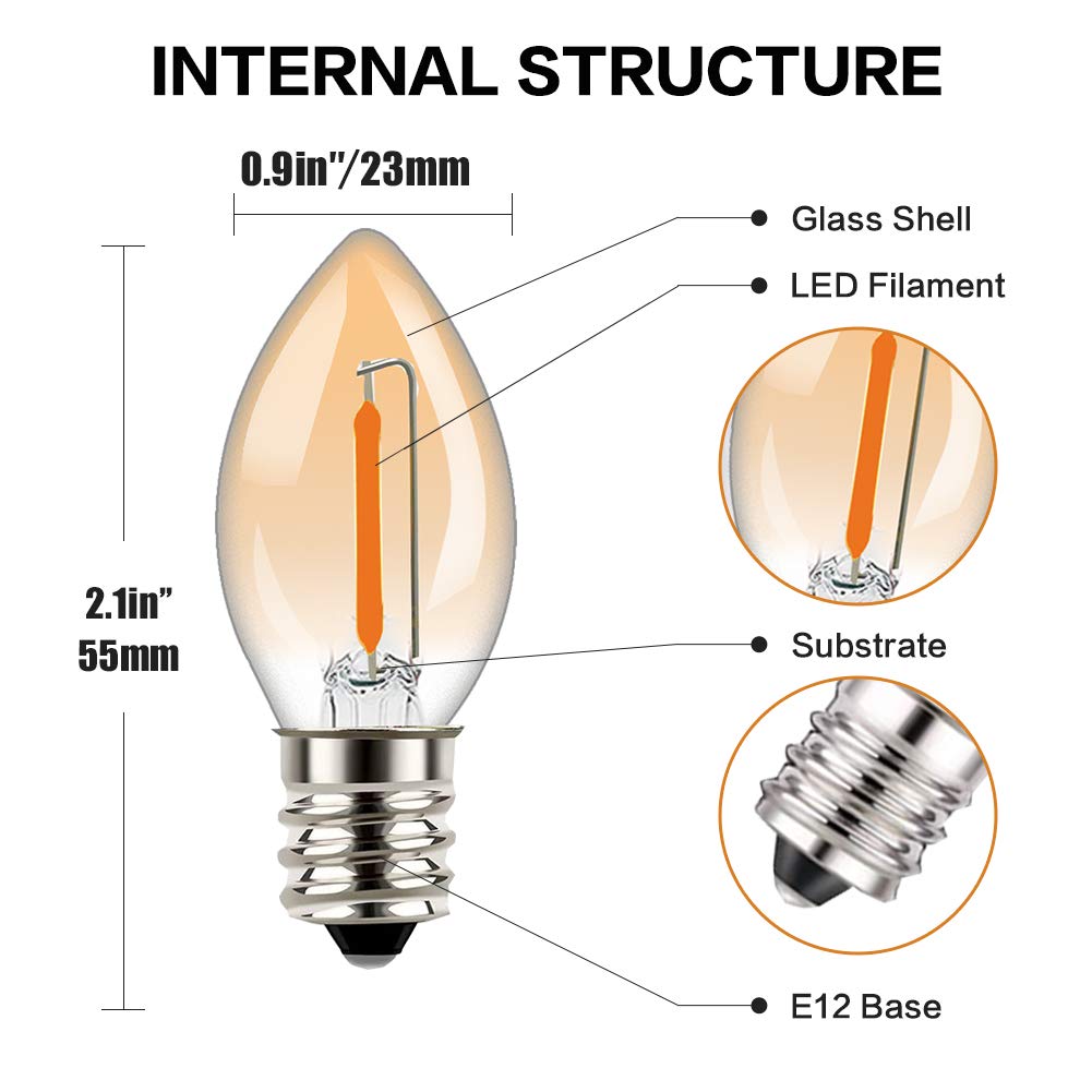 Tsunetani-C7 Edison 0.5W Equivalent to 5 Watt Incandescent LED Filament Mini Night Light Bulbs - E12 Candelabra Base 2200K Ultra Warm White for Home Decorate 50Lumens - 10Pack (Amber Glass)