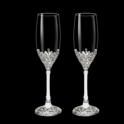 Jozen Gift Champagne Flutes -His and Hers,Wedding Toasting Glasses for Engagement Celebrations, Bridal Shower and Registry Idea, Tall Wine Glasses for Bride and Groom Gifts,7oz (Silver&white)