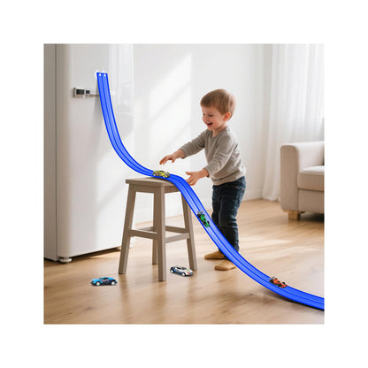 Car Track 5m Includes 4 Cars: KETIEE Flexible Race Track Car Ramp Track Toy Car Race Track Rolls Up Portable Dual Racetrack for Jumps Loops Ramps for 1/64th Cars for Ages 3+, Blue