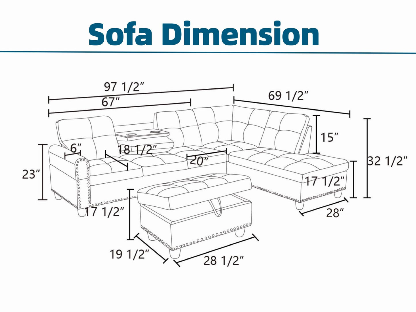Topcomfy Sectional Couches for Living Room with Movable Chaise & Storage Ottoman - 97.5" Leather L Shaped Couches for Living Room Apartment, Home Modular Sectional Sofas with Cup Holder, Black