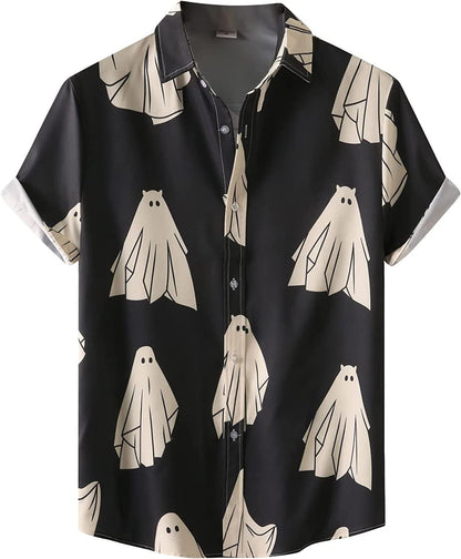 Size M Black Ghost Ghost Halloween Shirt Men Fun Pumpkins Skull Short Sleeve Button Down Hawaiian Holiday Shirts