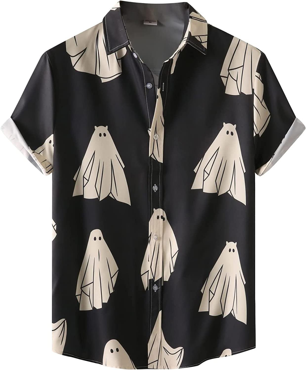 Size L Black Ghost Ghost Halloween Shirt Men Fun Pumpkins Skull Short Sleeve Button Down Hawaiian Holiday Shirts