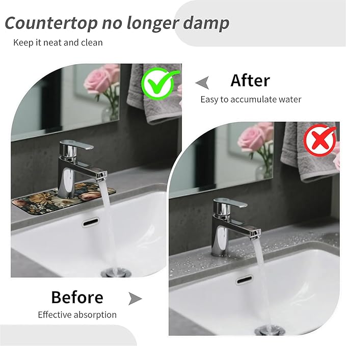 Kitchen Sink Splash Guard，Dark-floral Faucet Mat Sink Gadgets-Super Absorbent