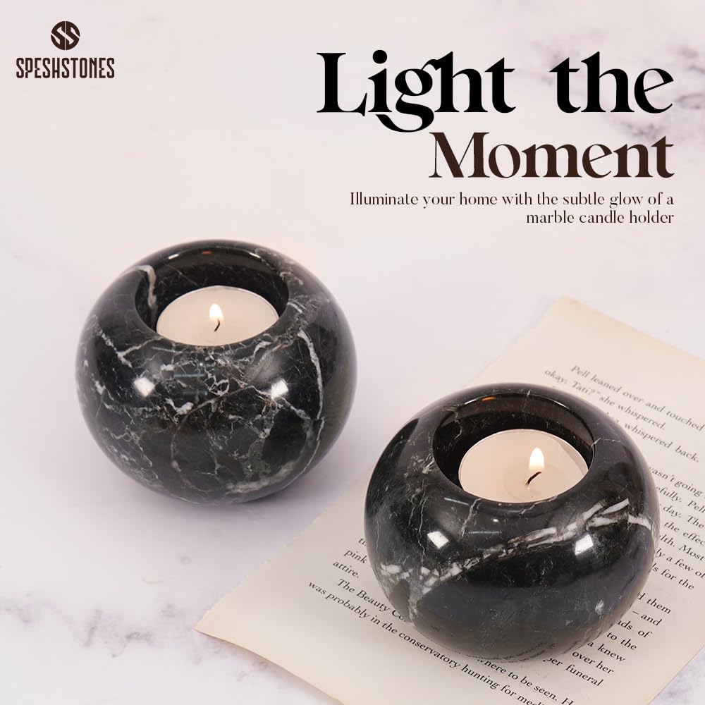 SPESHSTONES Marble Tealight Candle Holder 3.5-Inch Black Stone Votive Holder for Table Centerpieces & Earthy Aesthetic Decor, Wedding Gifts