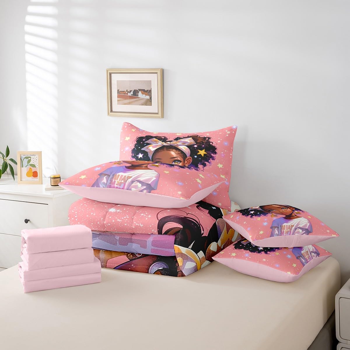 Cartoon Cute Girl Comforter Set,African American Style 7 Piece Bed Set Twin Size for Kids,Glitter Print Star Dots Bed in a Bag Bedding Set with Comforter,Sheet Set,Pillowcases,Pillow Covers