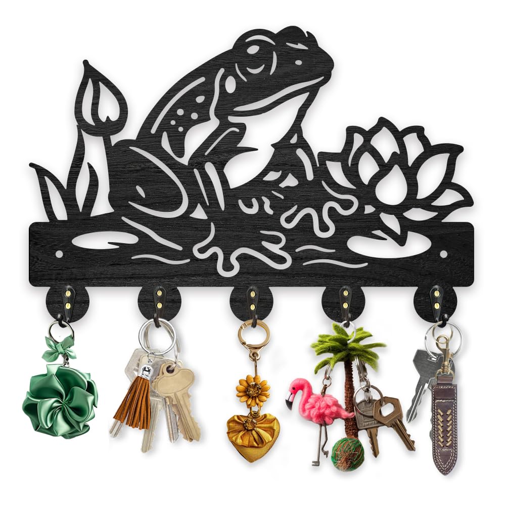 MAYJOYDIY Wooden Frog Lotus Flower Coat Hooks Summer Pond Key Holder for Wall 11.8×7.9inch Decorative Wall Hooks for Hanging with 5 Alloy Hooks for Entryway Kitchen Office Gift