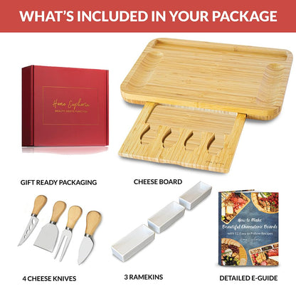 Home Euphoria Large Bamboo Charcuterie Board and Knife Set - Cheese Board with Bowls, Beautiful Gift for Mom