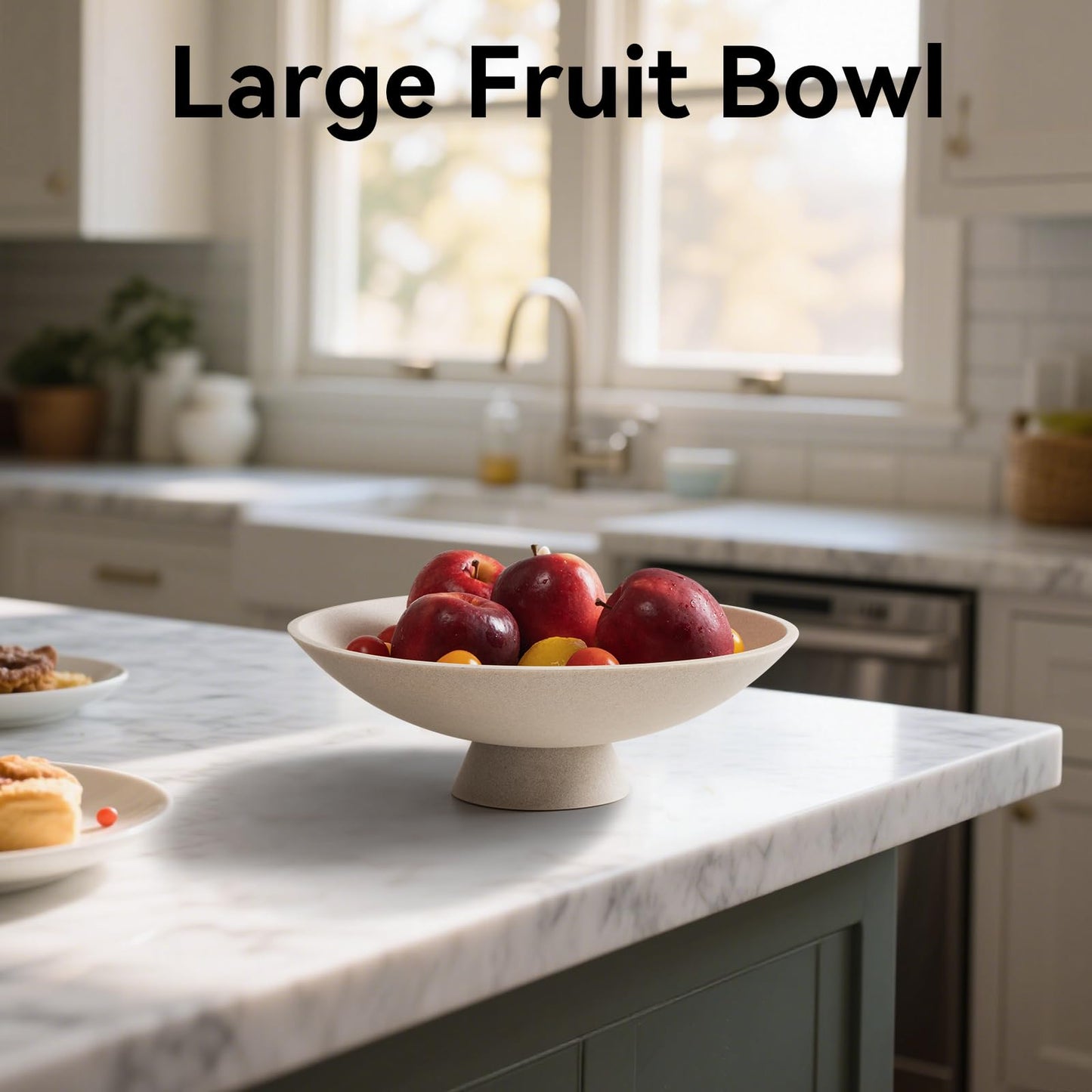 Modern Decorative Fruit Bowl, Beige Resin Artificial Stone Pedestal Bowl, Handicraft Table Centerpiece for Entryway, Coffee Table, Kitchen & Home Decor