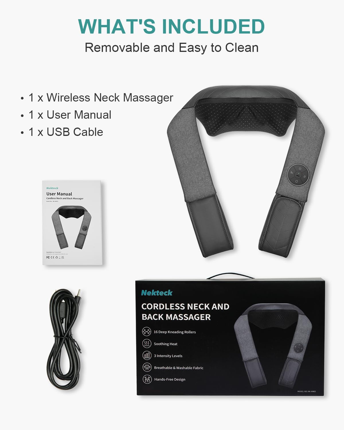 Nekteck Cordless Neck and Back Massager for Pain Relief Deep Tissue, Shiatsu Neck Massager with Heat, Portable Massage Pillow for Shoulder, Leg, Body Muscle, Home, Office, Car, for Men Women
