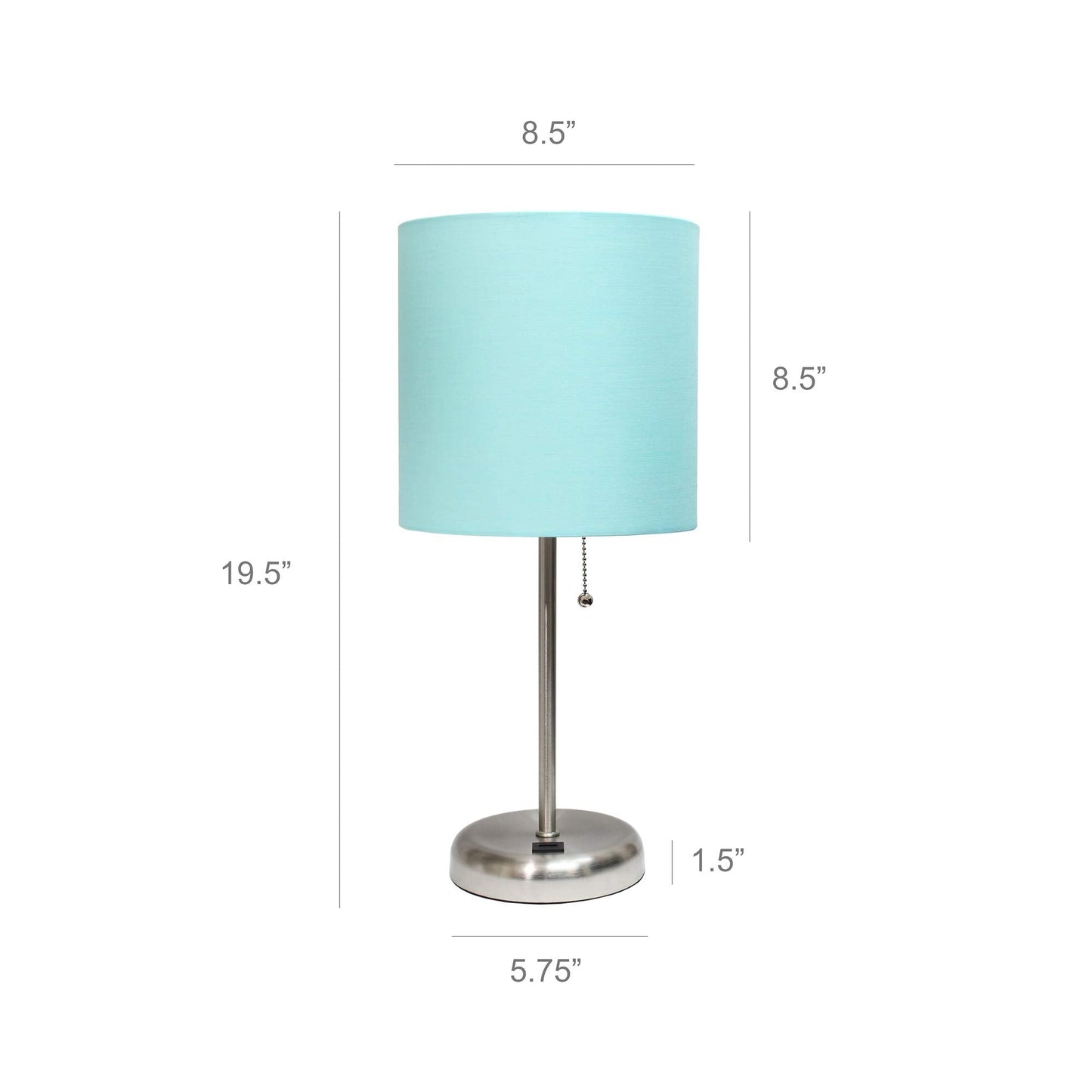 Simple Designs LT2044-AQU-LB Brushed Steel Stick Table Desk Lamp with USB Charging Port and Drum Fabric Shade for Living Room, Hallway, Nightstand, Office, Aqua Shade, with Feit LED Bulb Included