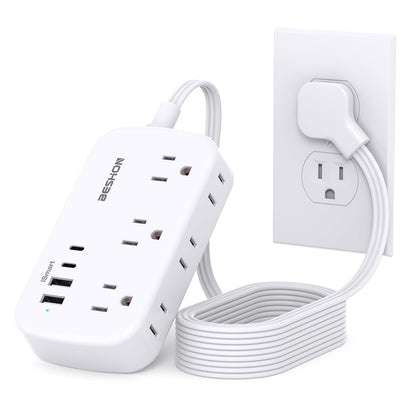 Flat Extension Cord, BESHON 5FT Flat Plug Power Strip with USB C, 6 Outlets 4 USB Port(2 USB C), No Surge Protector, Cruise Ship, Dorm Room Travel Essentials