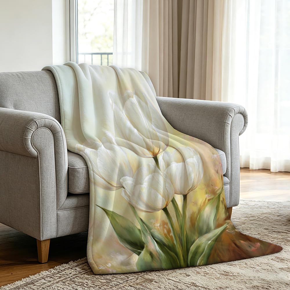 HUNXIAOJ Tulip Blanket Floral Throw Blanket Tulip Gifts for Women Rustic Flower Decor Floral Bedding Warm Soft Flannel for Girl Sofa Couch (49in x 59in)