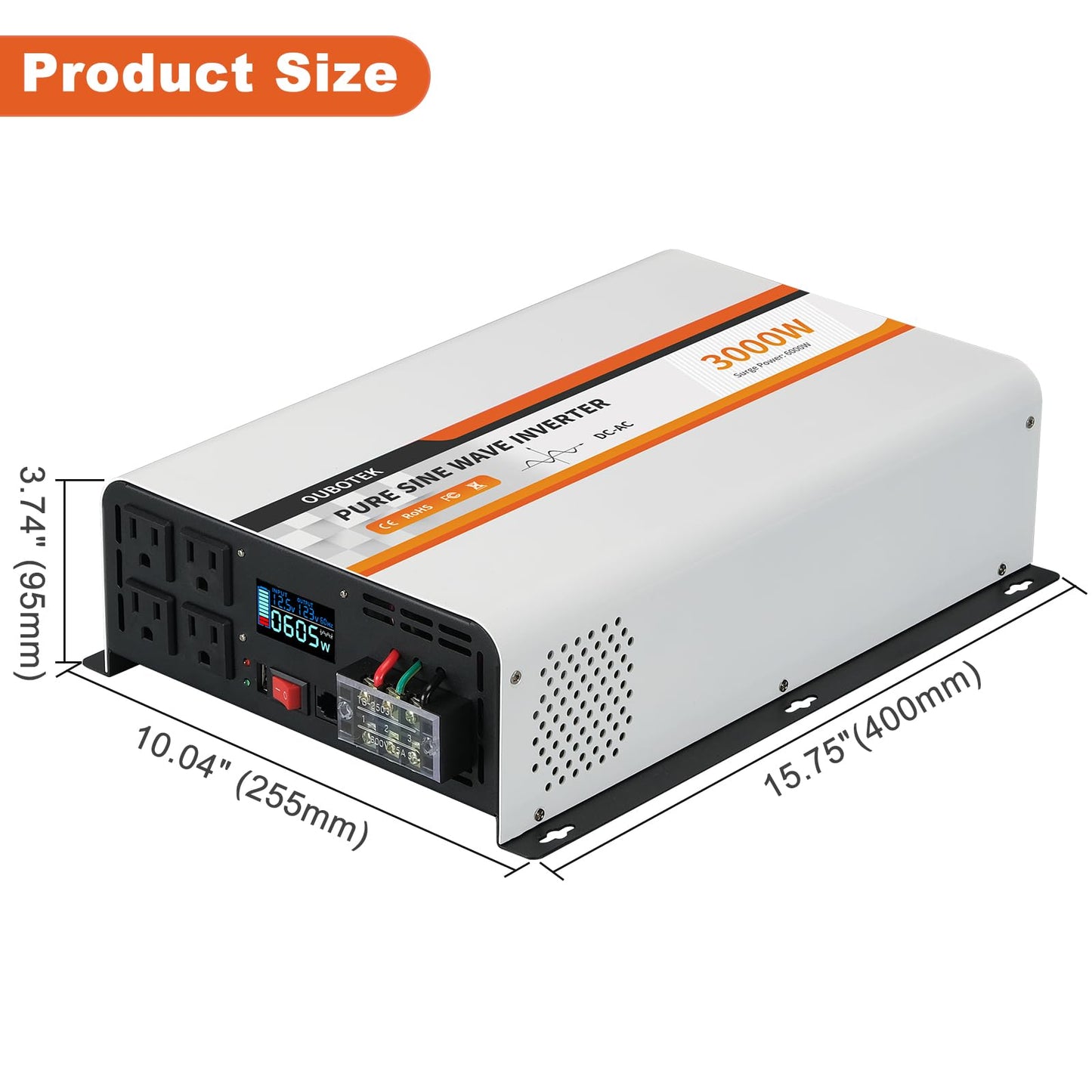 OUBOTEK 3000 Watt Pure Sine Wave Power Inverter, DC 12V to AC 120V with LCD Display, Remote Control, USB Port, 4 AC Outlets, and Terminal Block for RV Boat Camping Solar System and Home Use