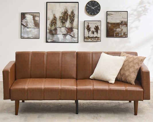 GarveeHome 75 in Futon Sofa Bed Mid-Century Futon Couch, PU Leathe Convertible Sleeper Couch with Adjustable Backrest, Loveseat and Side Pockets for Living Room & Bedroom (Brown)