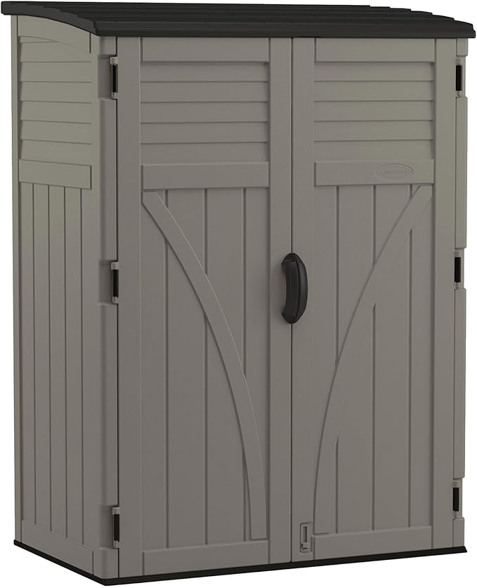 Suncast Outdoor Storage Cabinet Waterproof Resin Vertical Outdoor Storage Shed (54 cu. ft.) for Patio, Garden Tools, Cushions, & Equipment. Weatherproof Plastic Multi-Wall Design, Capacity Made in USA