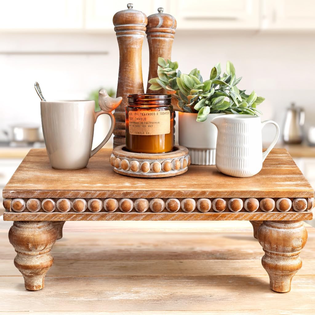 Felt Creative Home Goods Decorative Wood Risers for Decor | Tiered Tray Stand | Farmhouse Beaded Riser Stand for Decor | Wooden Pedestal Stand Large 12x16 Beaded Tray for Kitchen Coffee Bar (Brown)