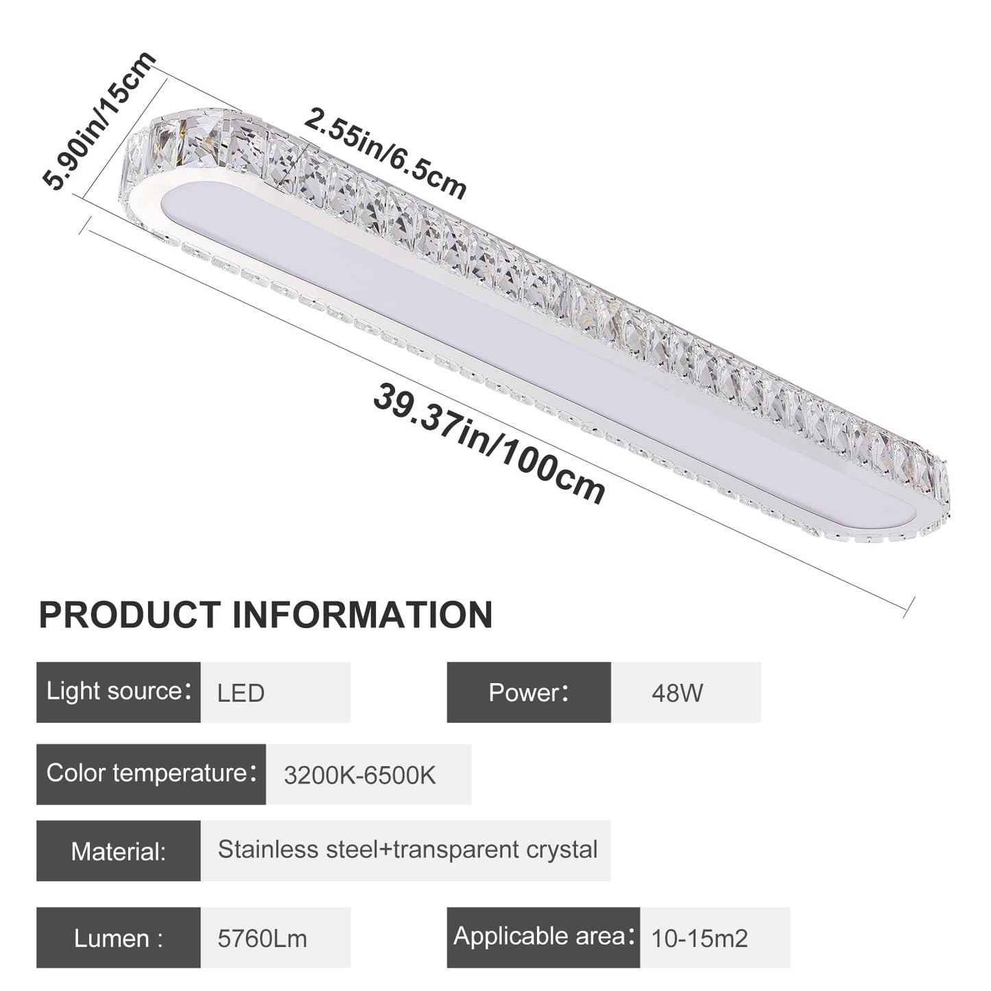 Qcyuui Dimmable LED Ceiling Light 39.4'' Kitchen Lighting Fixtures Ceiling Modern Luxury Crystal Ceiling Light with Remote Chrome Long Ceiling Light Fixture for Kitchen Dining Room Hallway,48W