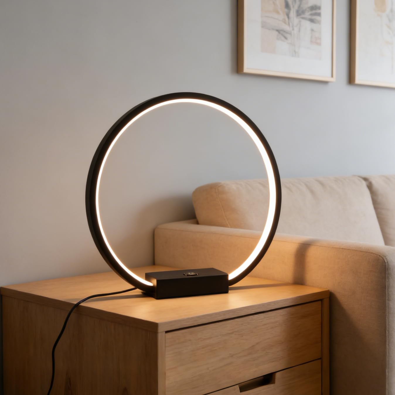 MASIVEL LED Circle Table Lamp Touch Control 3-Way Dimmable Bedside Nightstand Lamp with USB Port Modern Tabletop Lamps, 12W 3000K Warm Light, Desk Lamp for Bedroom Living Room, Black