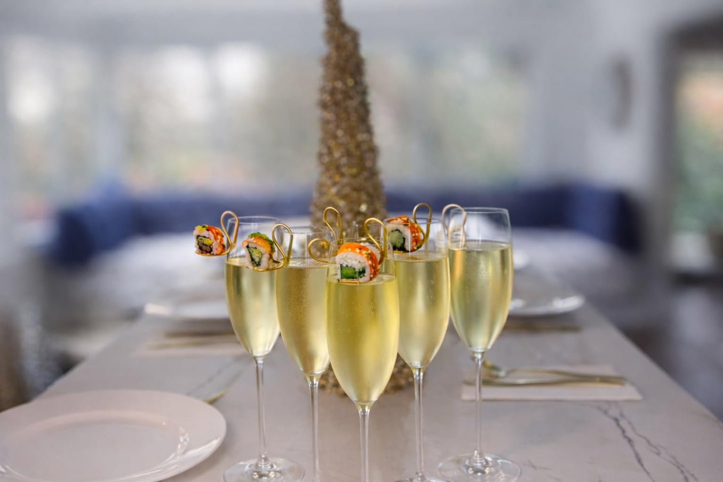 FluteSpoon™ Gold Appetizer Spoon for Champagne, Wine & Cocktails – Rim-Hanging Stainless Steel Serving Spoon – Set of 4