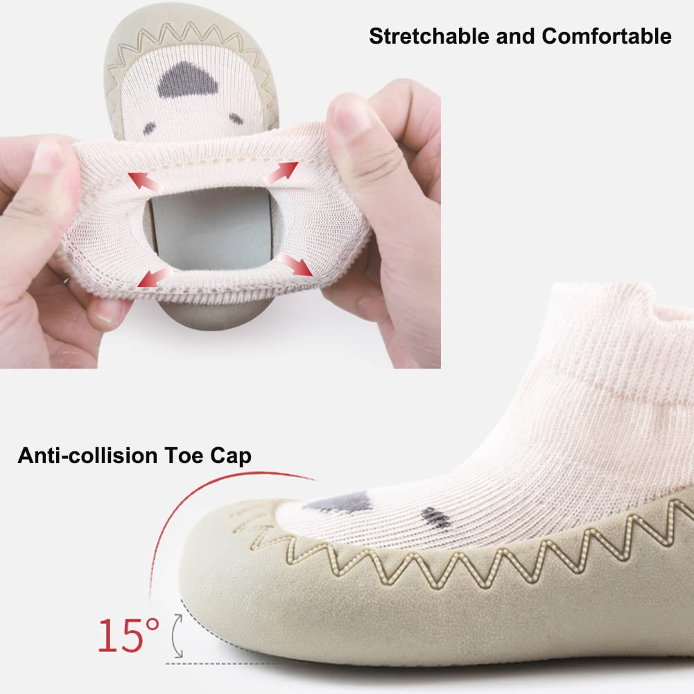Exemaba Toddler Sock Shoes - Baby First Walking Shoes Soft Sole with Grips for Boys & Girls (Khaki Raccoon, Tag21/6-12 M)