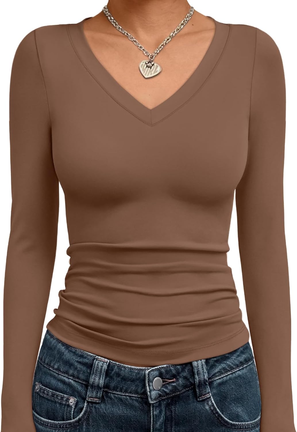 Trendy Queen Long Sleeve Shirts for Women 2025 Fall Fashion V Neck Basics Crop Tops Slim Fitted Y2K Tops Outfits Clothes