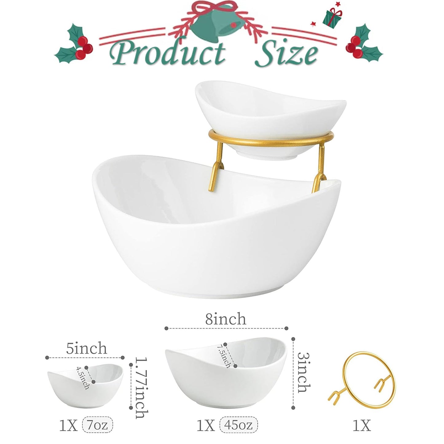 Miamolo Porcelain Serving Bowl Set for Appetizer Serving Dishes Set with 2 Compartment, Chip and Dip Taco Rack Display Salad Bar Serving Set, Gold Stand