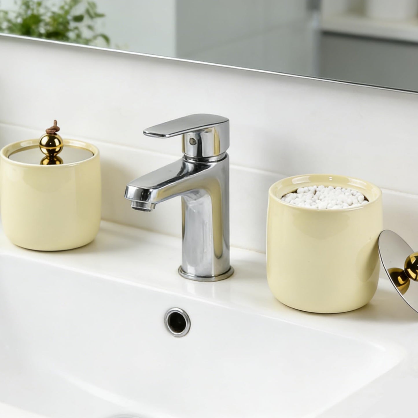 Ceramic Qtip Holder Dispenser with Gold Lids 2 Pack, Yellow Apothecary Jars Bathroom Vanity Organizer for Home Decor Bathroom Canister for Cotton Swabs, Rounds, Balls, Makeup Sponges, Bath Salts