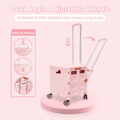 FELICON SELORSS Folding Utility Cart Rolling Crate Tote Basket Box Storage Handcart on 4 Swivel Wheels with Adjustable Handle Extended Magnetic Lid for Teacher Move Shop Travel Grocery Office(Pink)