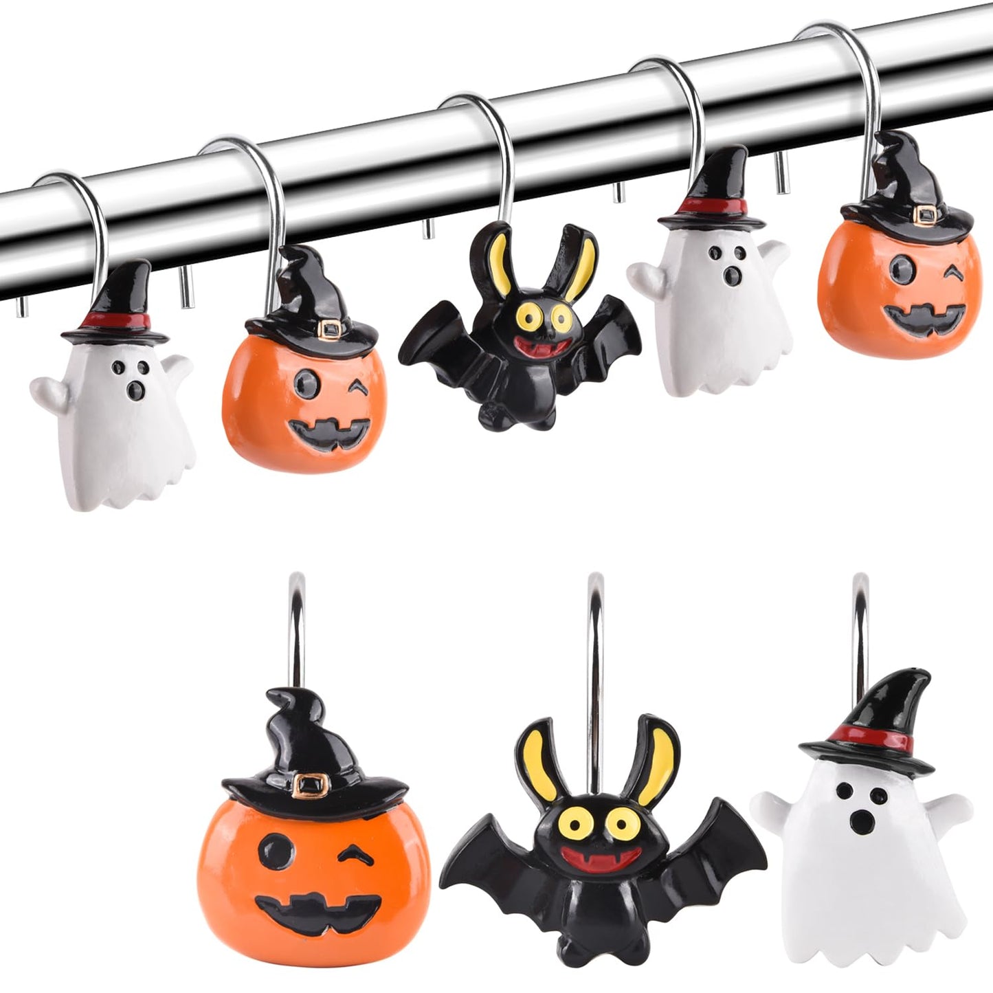 Halloween Decoration Shower Curtain Hooks, 12Pcs Halloween Pumpkin Bat Ghost Decorative Shower Curtain Rings Rustproof Shower Hooks Hangers Rings for Bathroom Halloween Decor (Halloween)