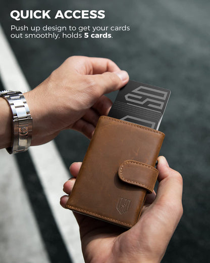 DODENSHA AirTag Wallet, RFID Blocking Genuine Leather Pop Up Credit Card Holder Wallet with Coin Pocket, ID Window, Banknote Compartment & Snap Closure
