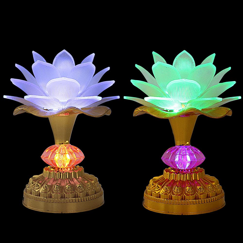 LACGO Pack of 2 LED Lotus Buddhist Lights Color-Changing Gradient Buddha Lotus Lamps Plug in or Battery-Operated Buddhist Lamp Worship Prayer Faith Supply Things (3.3''W/5.5''H, White)