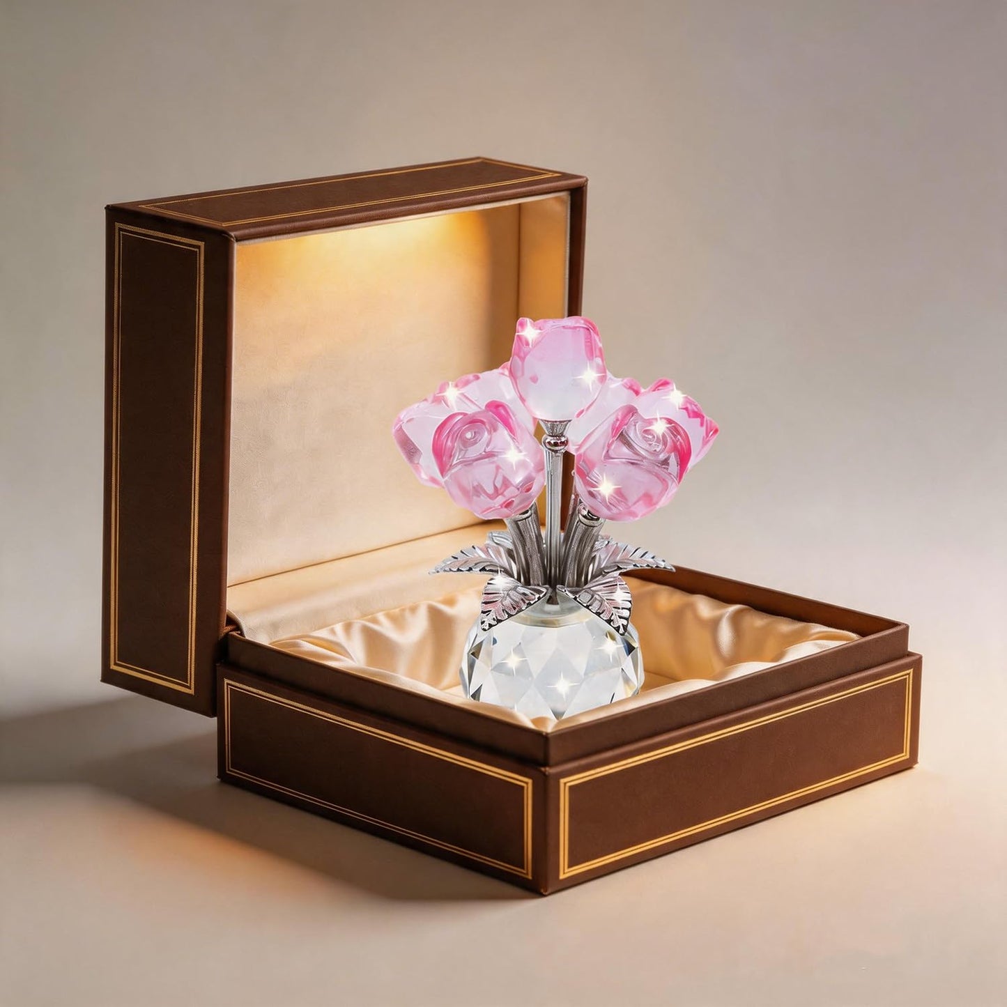 TWINKLING Crystal Roses Figurine with Round Vase, Glass Rose Crystal Flowers Bouquet, Birthday, Anniversary,Wedding, Home Décor,Silver Leaf (Multicolor)