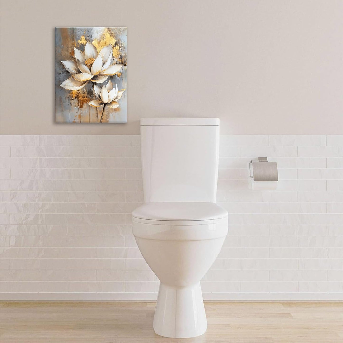 Olivine Zen Wall Art, Lotus Pictures Wall Decor, White and Golden Lotus Flower Bloom Painting Canvas Prints, Framed Artwork for Bedroom Bathroom Living Room Office Spa Meditation Yoga 16”x12”