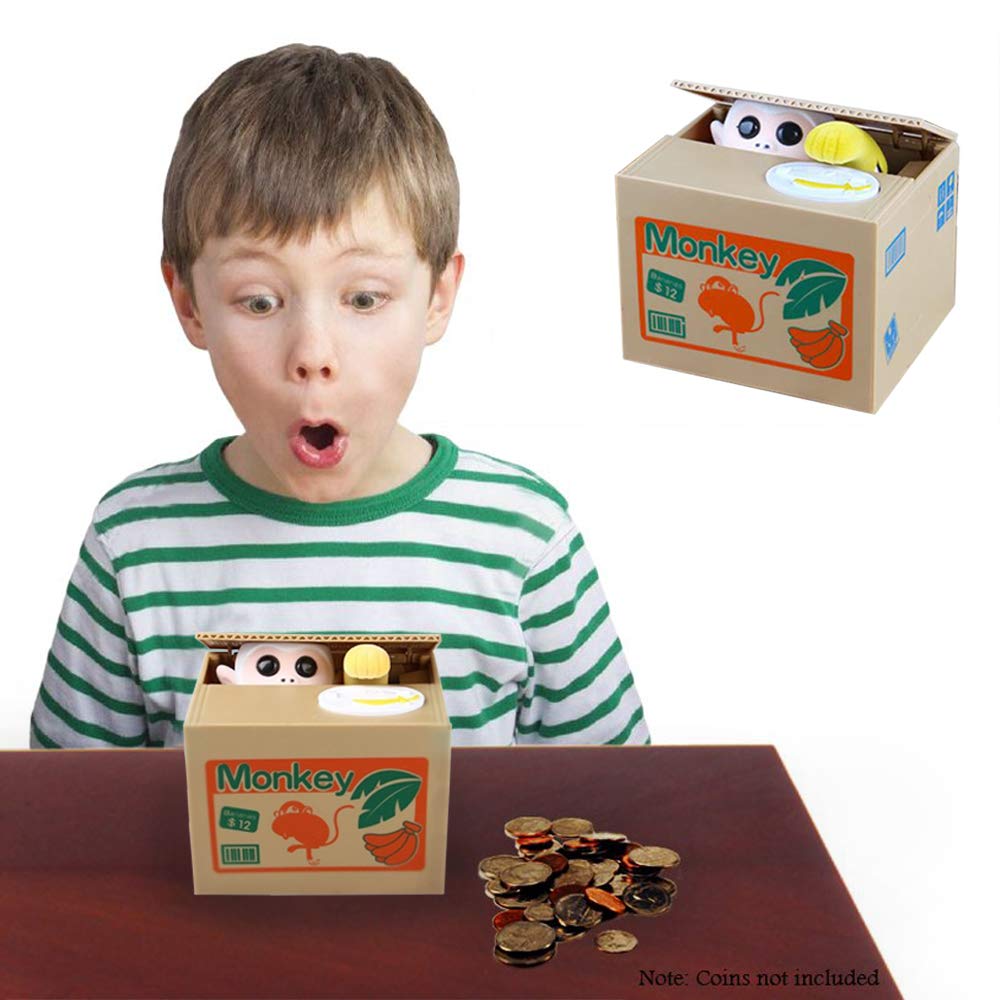 Resulzon Kids Piggy Bank, Stealing ATM Coin Cash Money Counter Saving Can, Cute Mokey Electronic Smart Voice Prompt Piggy Bank Safe Locks, Great Gift for Boys & Girls Christmas