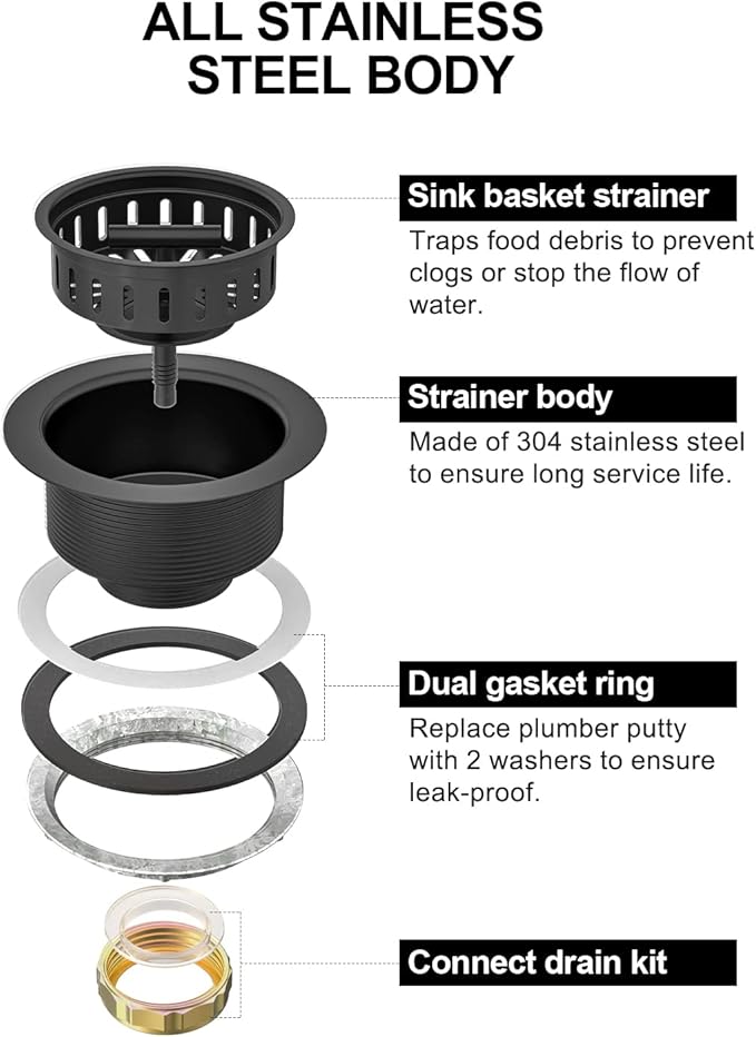 BOTEMY B9171 Black Kitchen Sink Drain Kit 3 1/2 Strainer