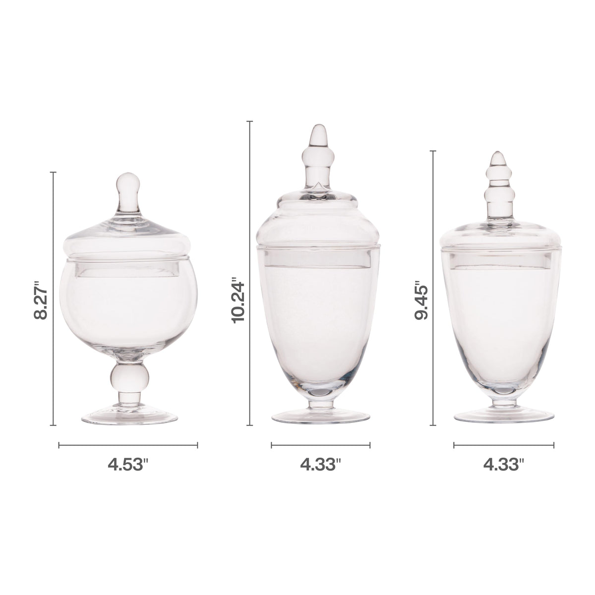 Elements Clear Glass Apothecary Jars with Lids, Set of 3 - Decorative Storage Jars for Home, Kitchen, Bathroom - 10, 9.5, 8.5 Inch Handcrafted Display Jar Set