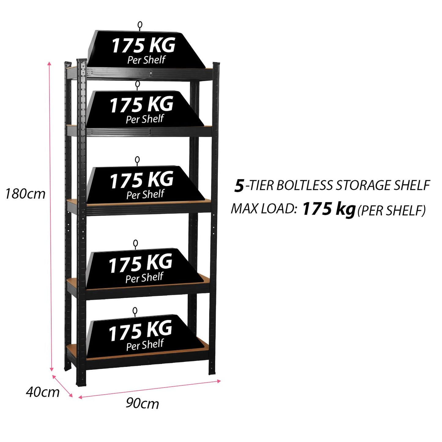 COZYBRITE Garage Shelving Units 5 Tier Heavy Duty Shed Storage Racking Shelf Metal Boltless 875kg Capacity 175kg Per Shelf for Warehouse Workshop Office (Black, 90x40x180cm)