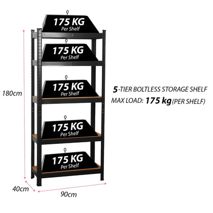 COZYBRITE Garage Shelving Units 5 Tier Heavy Duty Shed Storage Racking Shelf Metal Boltless 875kg Capacity 175kg Per Shelf for Warehouse Workshop Office (Black, 90x40x180cm)