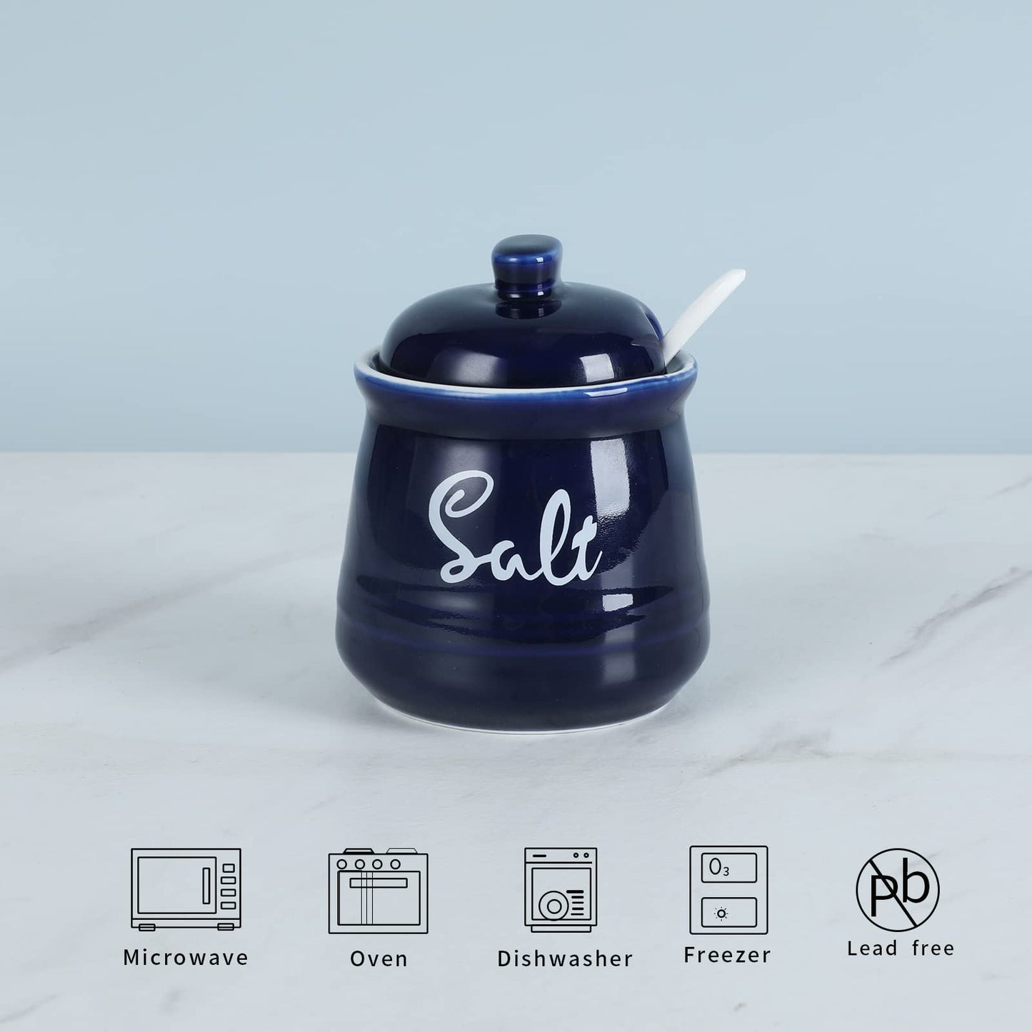 HAOTOP Farmhouse Porcelain Salt Bowl with Lid and Spoon 12oz,Easy to Clean (Navy)