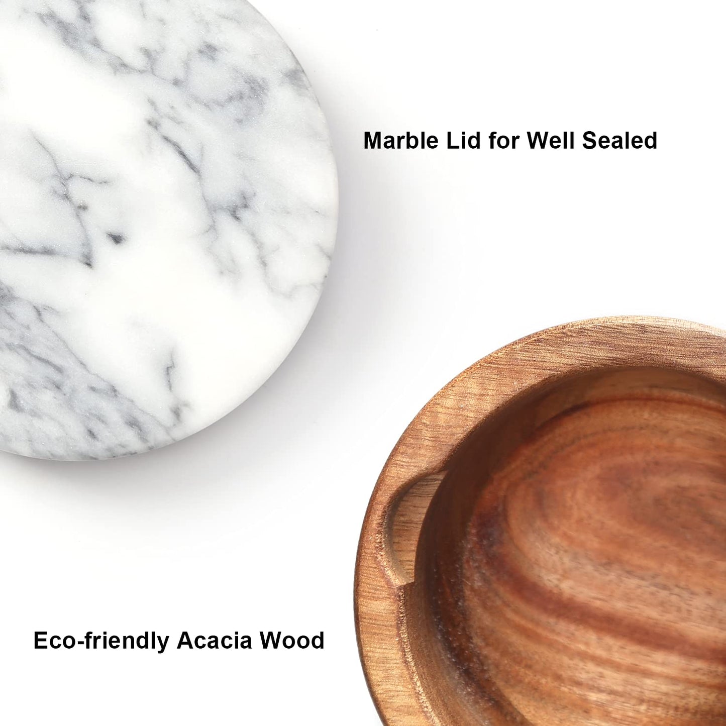 KITCHENDAO Large Wood Salt and Pepper Box Bowl Set with Built-in Serving Spoon, Natural Solid Acacia Base, Big Capacity Salt Pepper Cellar Container Holder, 10oz Capacity Each, Black & Grey Marble Lid